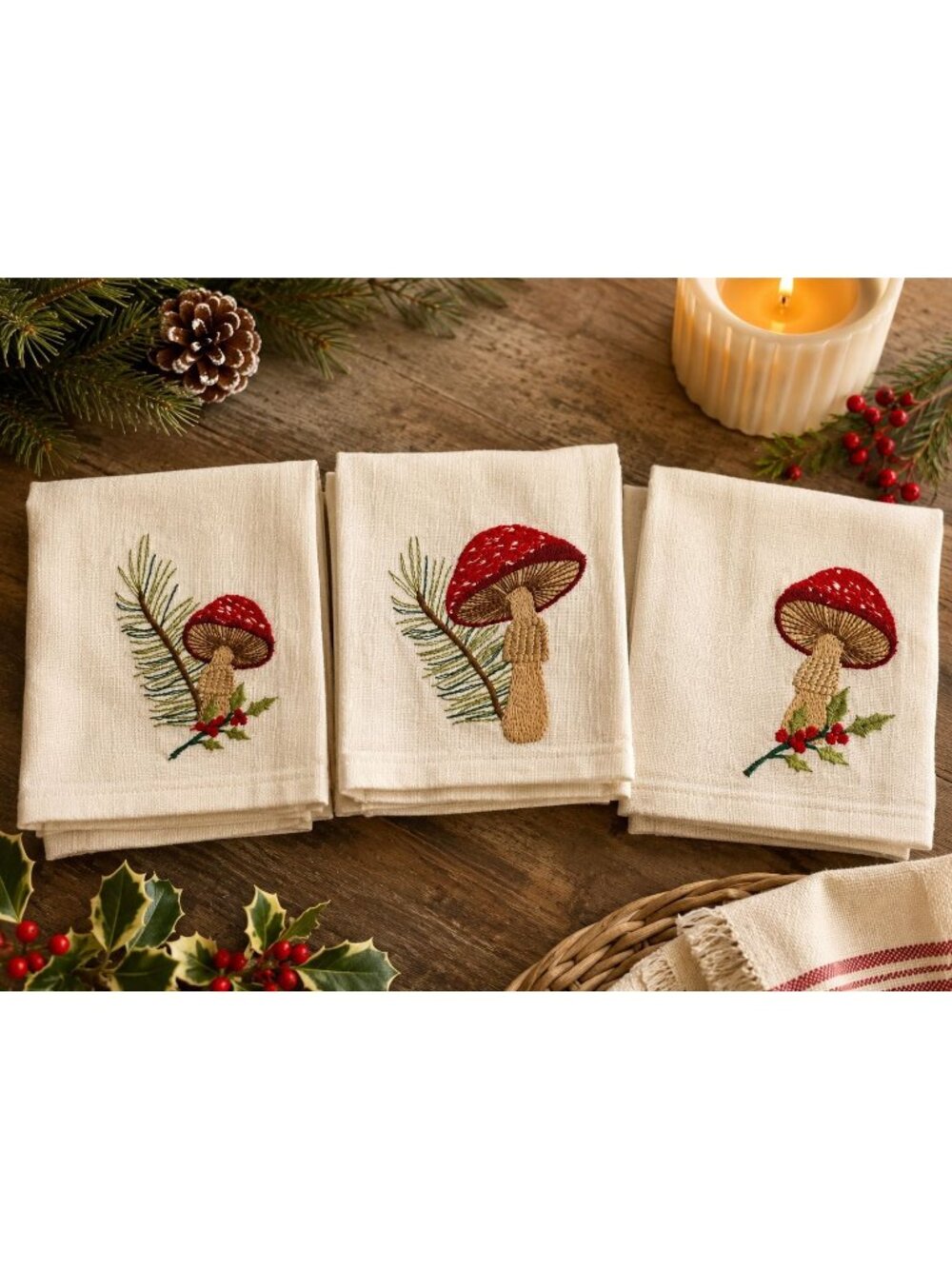 Vintage Embroidered Mushroom Guest Towels Set of 3 Christmas Woodland Toadstool